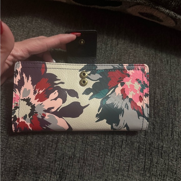 Fossil Floral Leather Tab Wallet Clutch NWOT Black Multicolor Snap Zip - Picture 4 of 14
